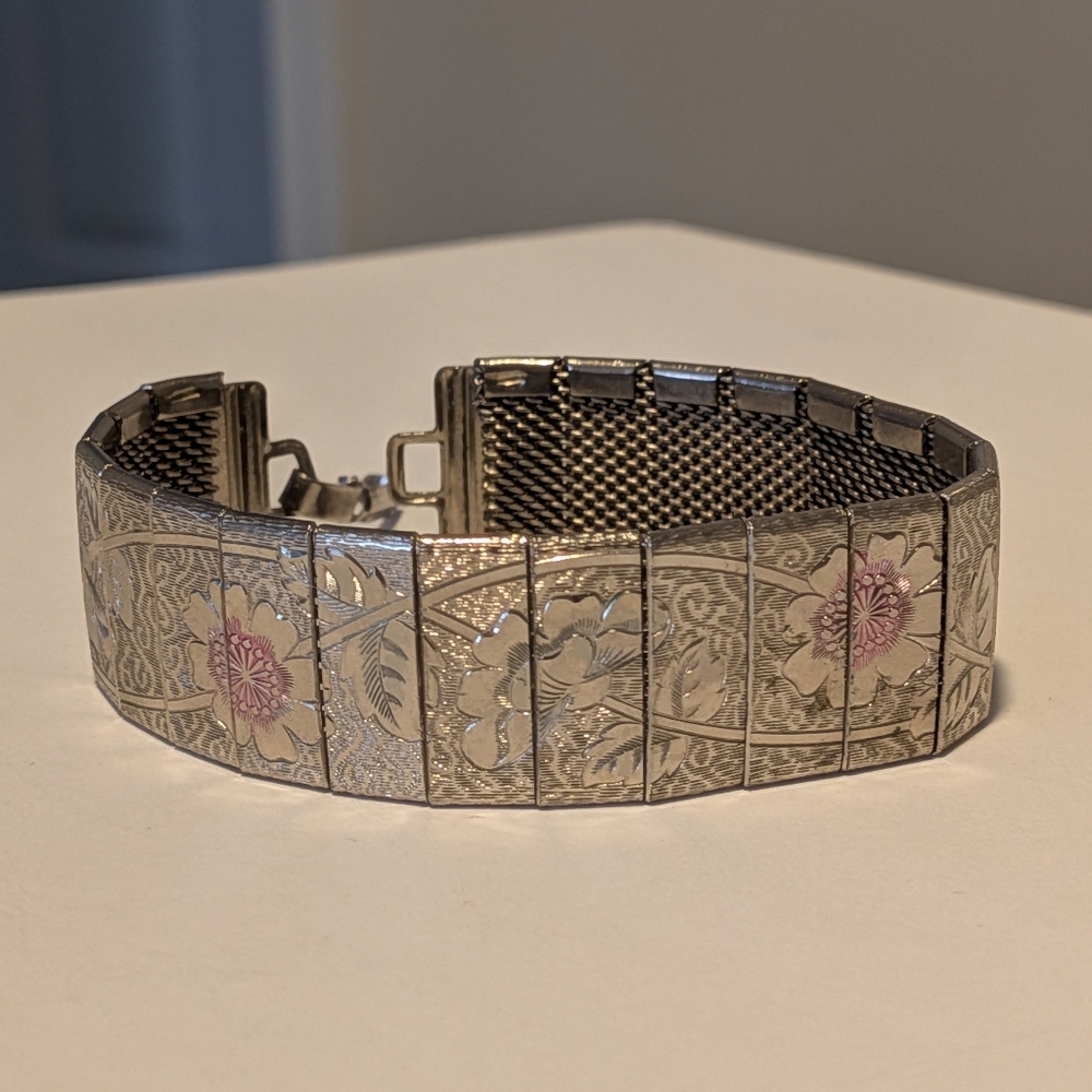 Panel Textured Floral Bracelet with Pink Accents